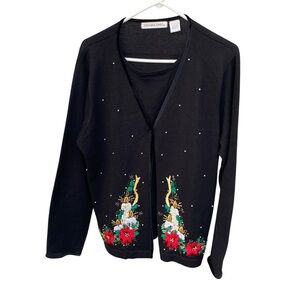 Black Embroidered Women's Holiday Sweater w/ Built In‎ Top Victoria Jones Large